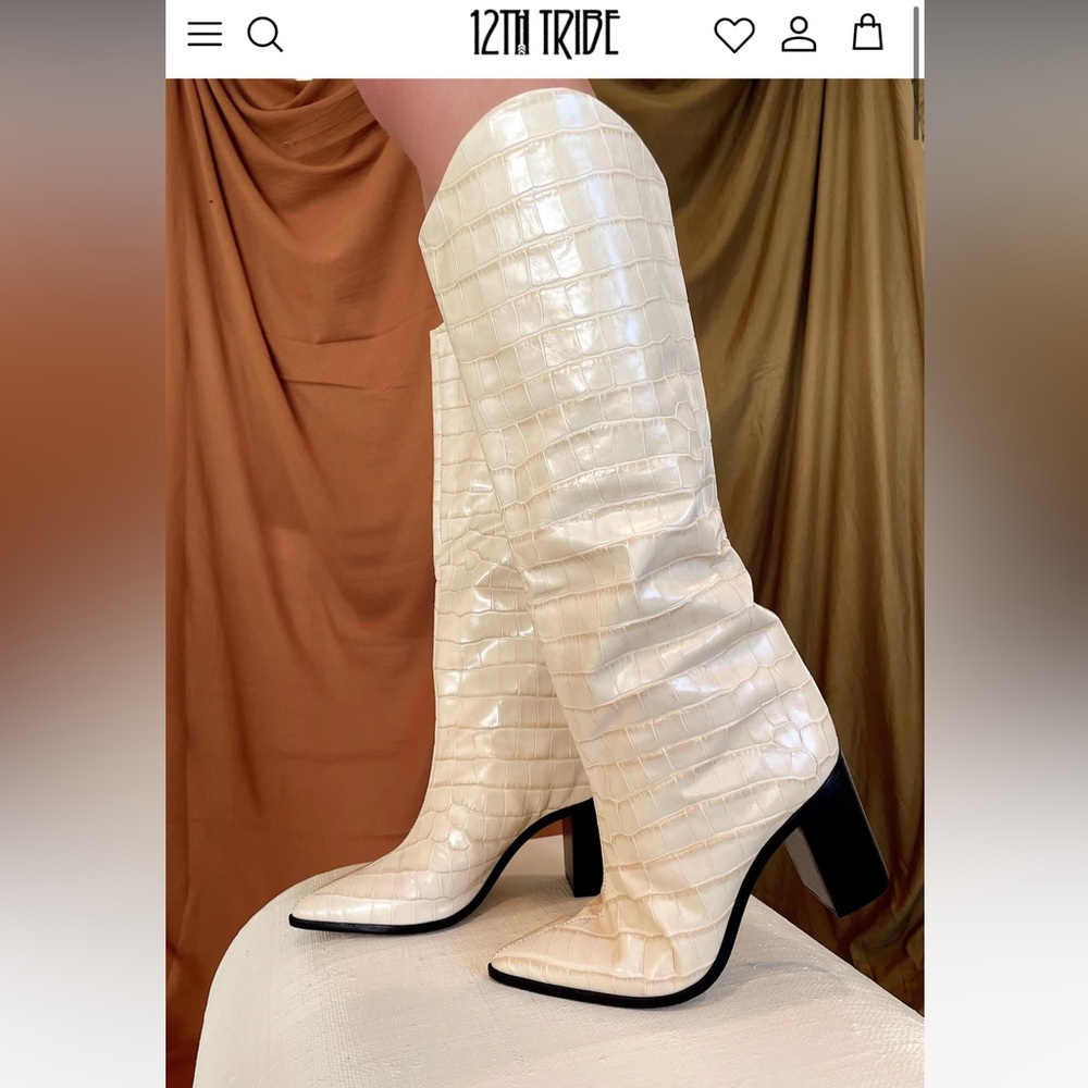 12th Tribe Cream Croc Knee-High Boots